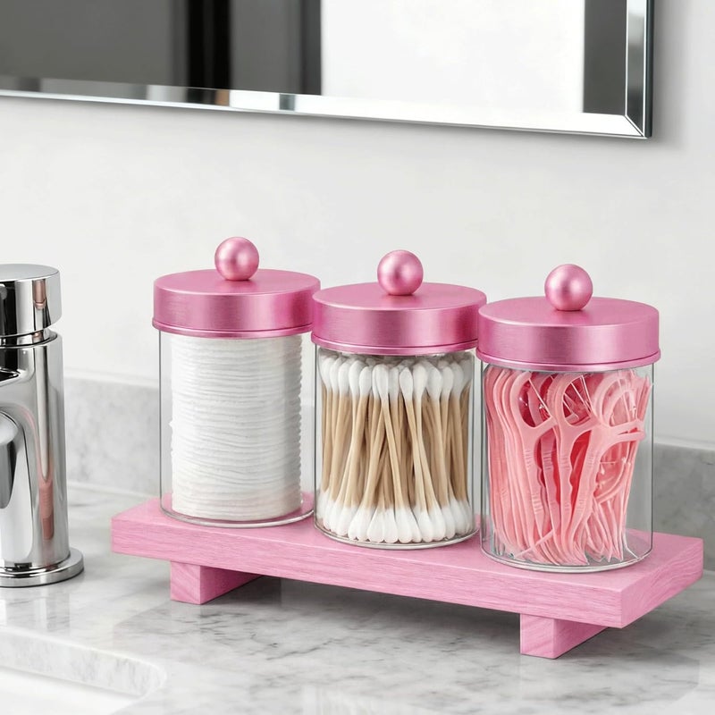 MKOSAB Pink Qtip Holder Bathroom Set - 3 Pack Apothecary Jars with Metal Lids and Vanity Tray.Bathroom Organizers and Storage, Cute Vanity Makeup Organizer, Bathroom Decor Accessories - Image 2